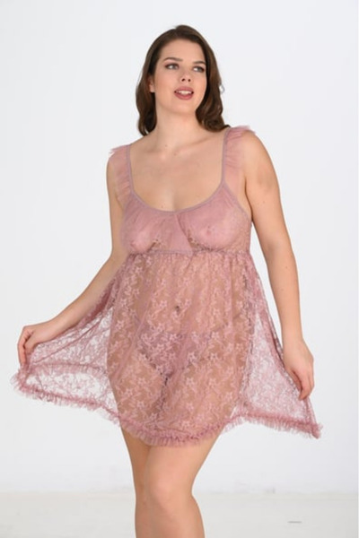 Bleu Petite Plus Size Women's Lace Tulle Nightgown Panty Set