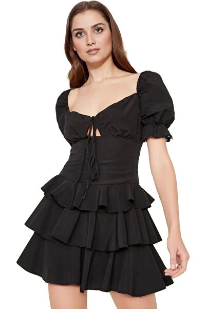 PayBuy فستان نسائي قصير على شكل حرف A، تفاصيل مكشكشة، قماش بوبلين، صيفي، للاس...