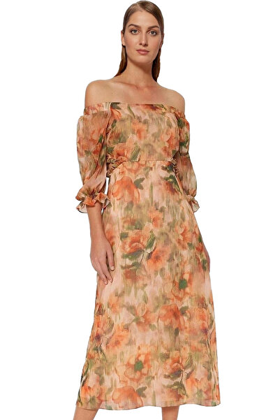 PayBuy فستان نسائي طويل من الشيفون بنمط زهور على شكل حرف A وأكمام ثلاثة أرباع...