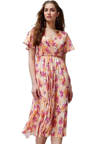 PayBuy Women's Midi Length Pleated Dress Floral Pattern V-Neck Lined Casual Style Quality Material