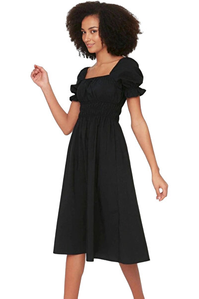 PayBuy Rochie plisată de damă, lungime midi, guler pătrat, mânecă scurtă, oca...