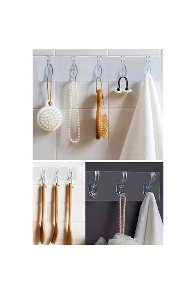 Askıcı Two Pieces Transparent Wall Hanger Bathroom Kitchen Hanger Practical Hook Hanger 5 Pieces Adhesive 2 Pieces