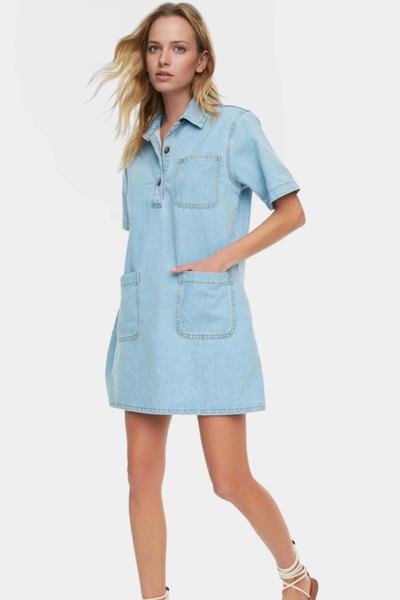 PayBuy Women's Denim Shirt Dress Short Sleeve Mini Length Cotton Daily Use Summer Indispensable