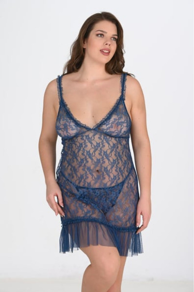 Bleu Petite Plus Size Women's Lace Tulle Nightgown Panty Set