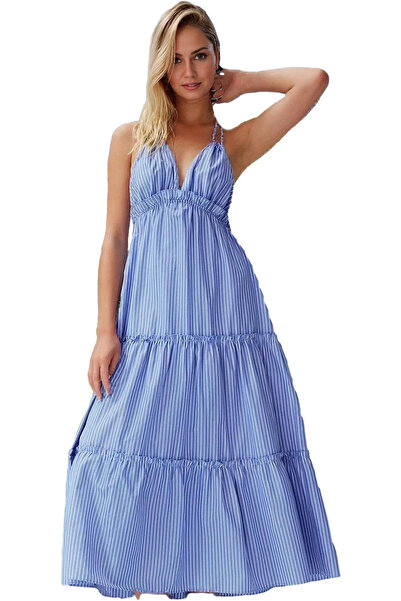PayBuy Rochie maxi cu dungi pentru femei, cu detaliu cu volane, stil casual d...