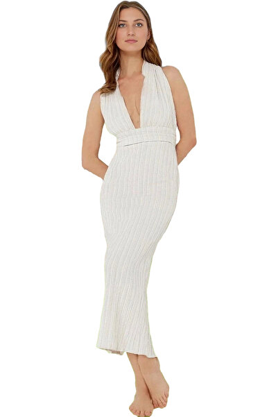 PayBuy Kadın Maxi Keten Karışımlı Plaj Elbisesi Sırt Dekolteli Şık Tasarım Yazlık Günlük Kullanım