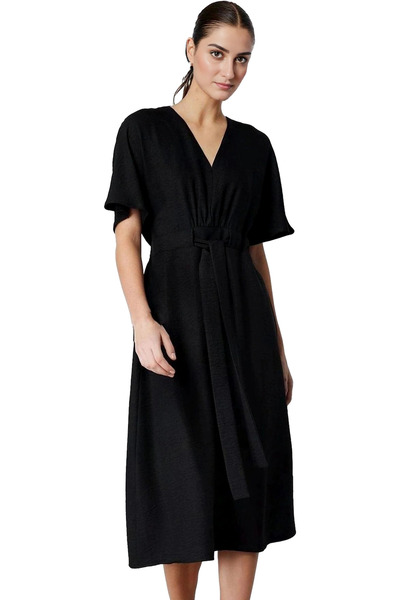 PayBuy Kadın A Kesim Midi Elbise Keten Görünümlü Kuşaklı V Yaka Rahat Günlük ...