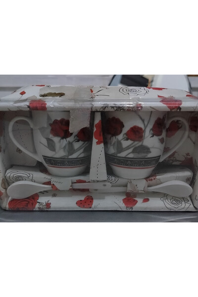 abnturk 2 Kişilik Gül Baskılı Beyaz porselen Kahve Fincanı 2 Adet Kaşık