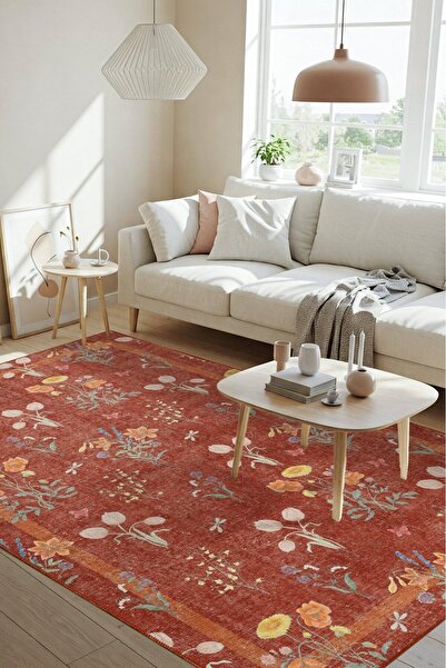 ARTLOOP Florart Kiremit / Turuncu Doğa Temalı Çiçekli Dokuma Tabanlı Modern Şönil Halı AL 492