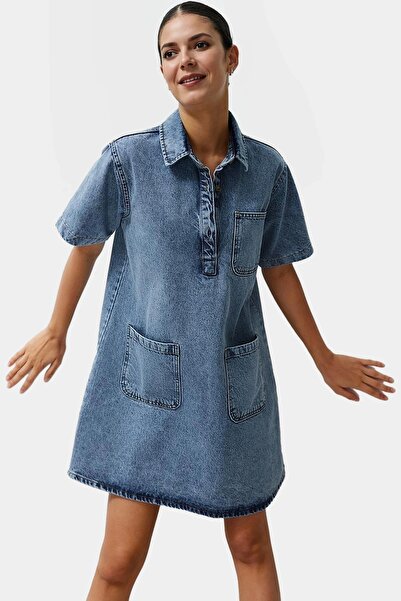 PayBuy Kadın Denim Gömlek Elbise Kısa Kollu Mini Boy Pamuk Günlük Kullanım Yaz Aylarının Vazgeçilmezi