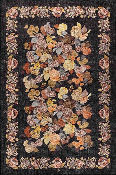 ARTLOOP Florart Siyah Vintage Dokulu Gül Desenli Dokuma Tabanlı Çiçekli Şönil Halı AL 484