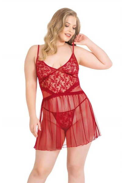 Bleu Petite Plus Size Flower Pattern Women's Tulle Nightgown Panty Set