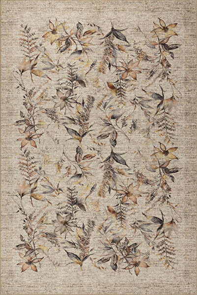 ARTLOOP Florart Bej / Kahverengi Vintage Dokulu Çiçek Desenli Dokuma Tabanlı Şönil Halı AL 468