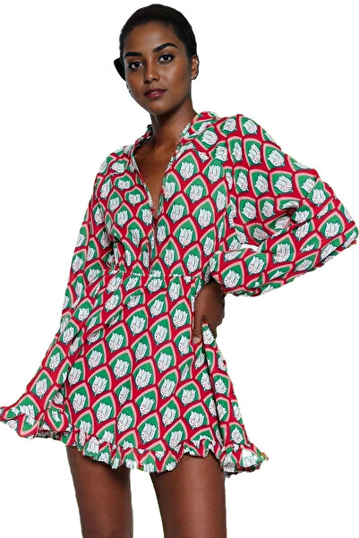 PayBuy Kadın Mini Elbise Geometrik Desenli Balon Kol V Yaka Pamuk Yazlık Yaz ...