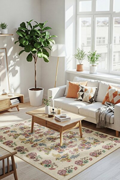 ARTLOOP Florart Krem / Çok Renkli Vintage Dokulu Doğa Temalı Çiçekli Dokuma Tabanlı Şönil Halı AL 489