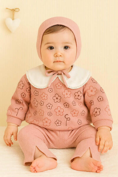krm kerem bebe Mevsimlik Kız Bebek Yaka ve Yırtmaç Detaylı Bayramlık 2'li Takım