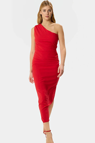 PayBuy Women's One Shoulder Midi Dress Gathered Detail Soft Crepe Fabric Daily and Special Occasions Modern Design