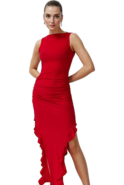 PayBuy Γυναικείο μάξι φόρεμα πλεκτό ύφασμα με βολάν με λαιμόκοψη Λεπτομερές κ...