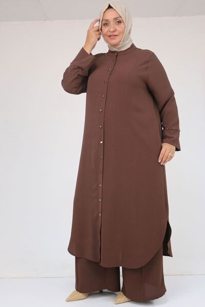 Eslina 57053 Large Size Crepe Suit with Skirt and Oval Trousers - Brown