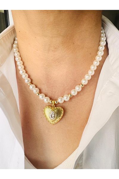 DEVİ fashion Heart End Pearl Necklace 45 cm