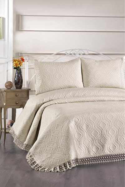 bursa çeyiz MAYA Dantelli Kapitoneli Ultrasonik Çift Kişilik Yatak Örtüsü Bej