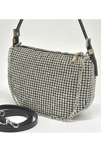 NAZART Women's Luxury Stone Diamond Black Evening Dress Clutch Chain Strap Hand Wedding Engagement Evening Bag