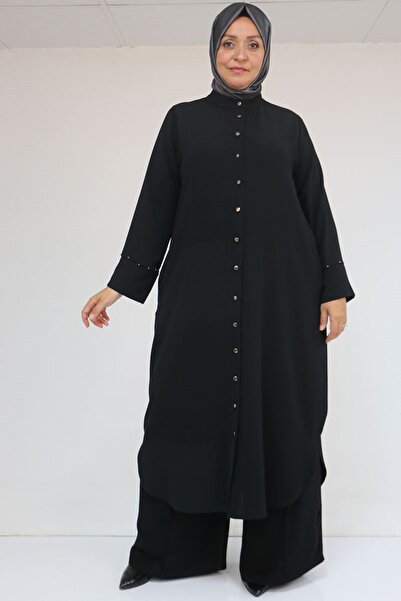 Eslina 57053 Large Size Crepe Suit with Skirt and Oval Trousers - Black