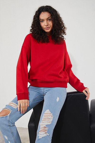 Pisa Art Women's Crew Neck Long Sleeve Basic 3 Thread Raised Sweatshirt