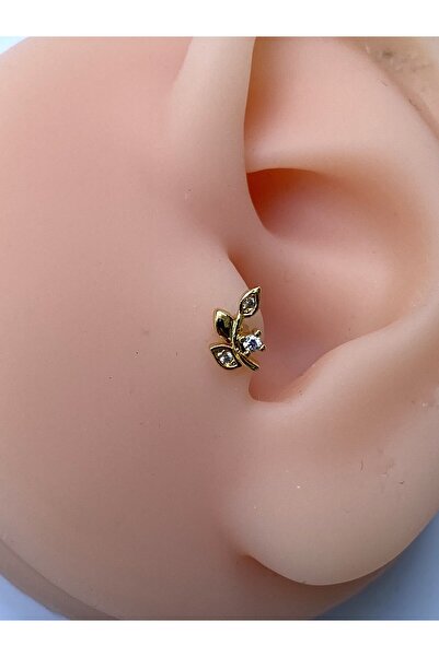 kurukafagift Çelik Piercing Yaprak Figürlü Zirkon Taşlı Parlak Helix Tragus L...