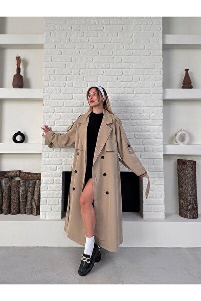 Ekim Store Uzun Dökümlü Kuşaklı Oversize Trençkot