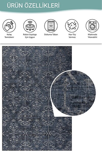 ARTLOOP Nora Lacivert Etnik Desenli Dokuma Tabanlı Modern Şönil Halı AL 501