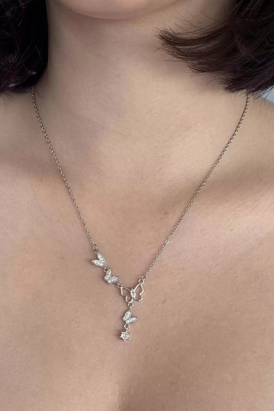 Silay mağaza قلادة على شكل حرف Y من الفولاذ مع تفاصيل حجرية على شكل فراشة