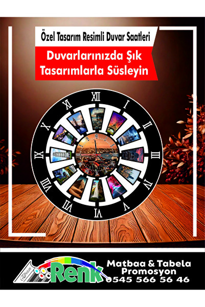 RENK MATBAA PROMOSYON lazer kesim resimli özel baskılı ahşap duvar saati