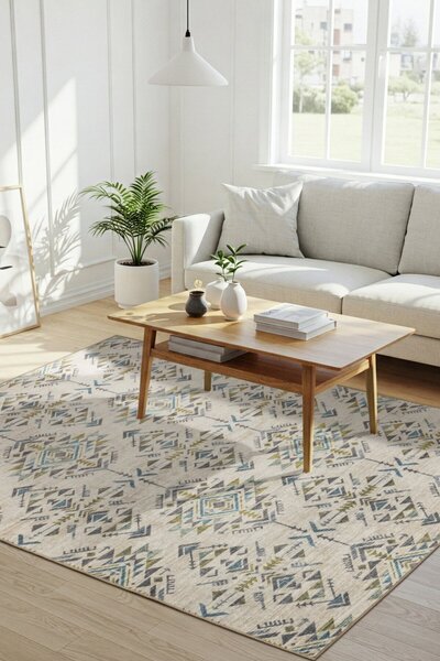 ARTLOOP Nora Bej / Yeşil Etnik Desenli Dokuma Tabanlı Modern Şönil Halı AL 506