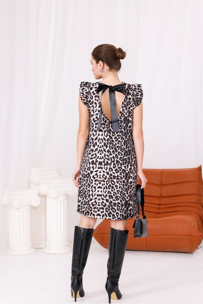 Pulli Collection Leopard Print Satin Dress – Ruffle Off Shoulder and Back Cutout