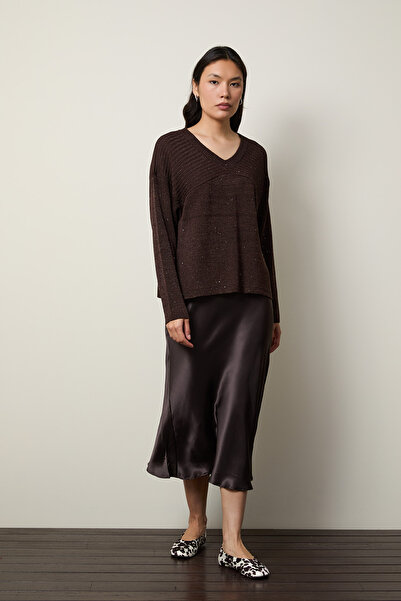 Serianno Mini Payetli V Yaka Sırt Detaylı Kazak