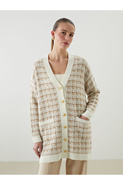LC Waikiki Brown V-Neck Patterned Women's Knitwear Cardigan