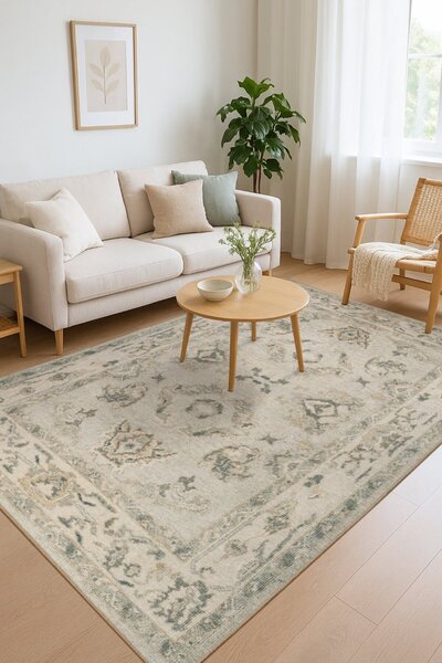 ARTLOOP Relic Yeşil Vintage Dokulu Klasik Desenli Dokuma Tabanlı Şönil Halı A...