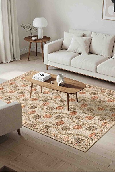 ARTLOOP Nora Bej / Turuncu Vintage Dokulu Nar Desenli Dokuma Tabanlı Şönil Halı AL 486