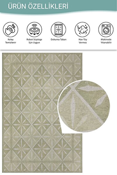 ARTLOOP Nora Yeşil Geometrik Desenli Dokuma Tabanlı Modern Şönil Halı AL 499