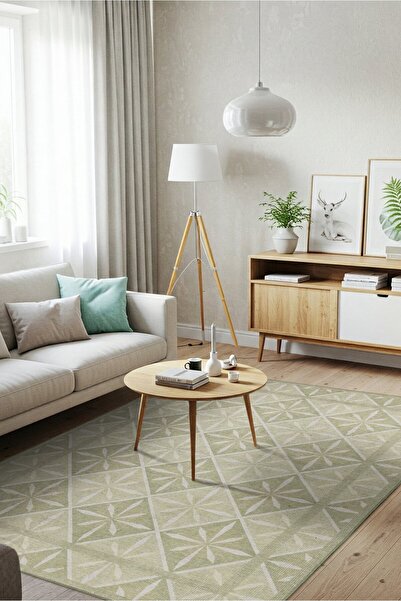 ARTLOOP Nora Yeşil Geometrik Desenli Dokuma Tabanlı Modern Şönil Halı AL 499