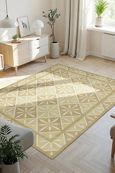 ARTLOOP Nora Yeşil/ Sarı Geometrik Desenli Dokuma Tabanlı Modern Şönil Halı AL 504