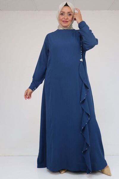 Eslina 52016 Plus Size Crepe Dress with Ruffles on the Front and Stone Detail - Indigo