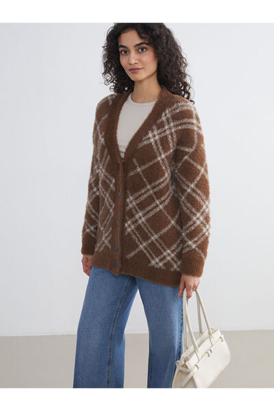 LC Waikiki Lcw Modest Brown V-Neck Patterned Women's Knitwear Cardigan