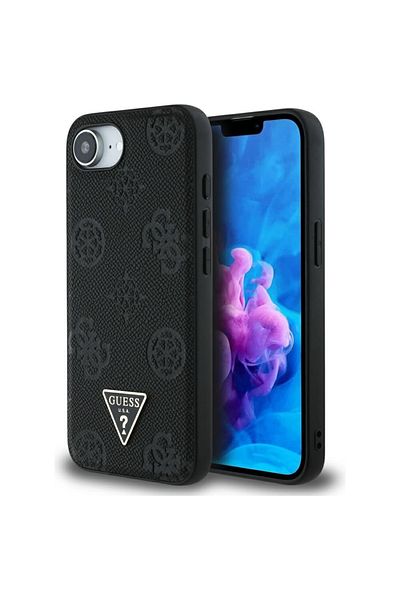 Guess Case for iPhone 16e - Peony Grained Hot Stamp Triangle Logo MagSafe (GUHMPSE4PGBTMK) - Black