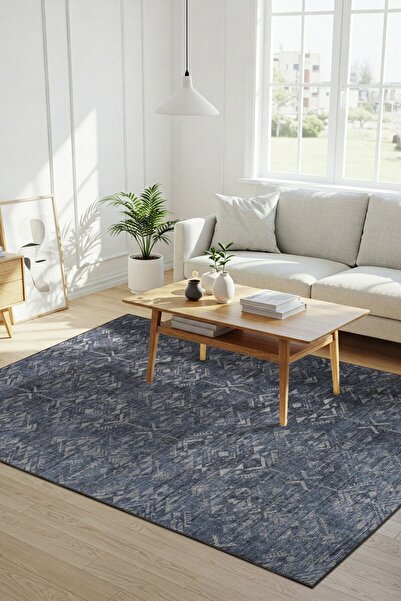 ARTLOOP Nora Lacivert Etnik Desenli Dokuma Tabanlı Modern Şönil Halı AL 501