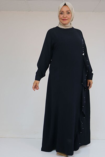 Eslina 52016 Plus Size Crepe Dress with Ruffles on the Front and Stone Detail - Navy Blue