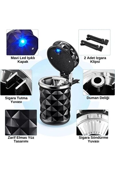 ASTRA LED Kristal Pırlanta Taş Görünümlü Mavi Led Işıklı Lüx Oto Küllük Kapak...
