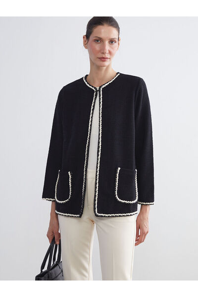 LC Waikiki Siyah Bisiklet Yaka Nakışlı Kadın Hırka