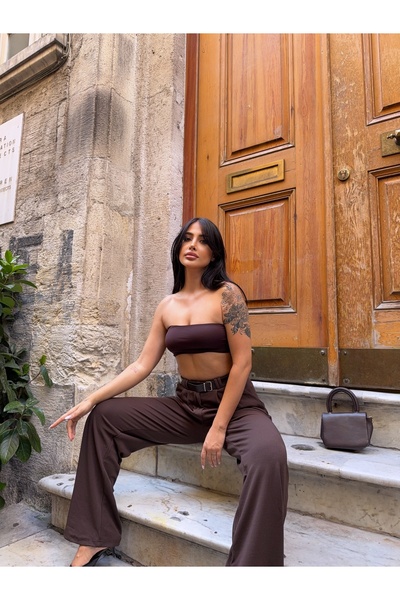 CARLA MARA Detaliu dublu pliat cu centură pantaloni palazzo